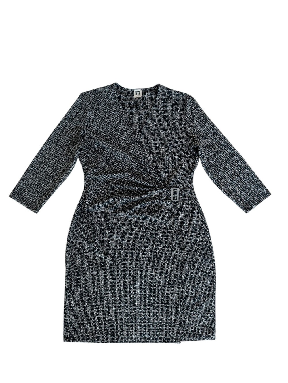 Anne Klein Textured Faux Wrap Buckle Dress 12 Black White